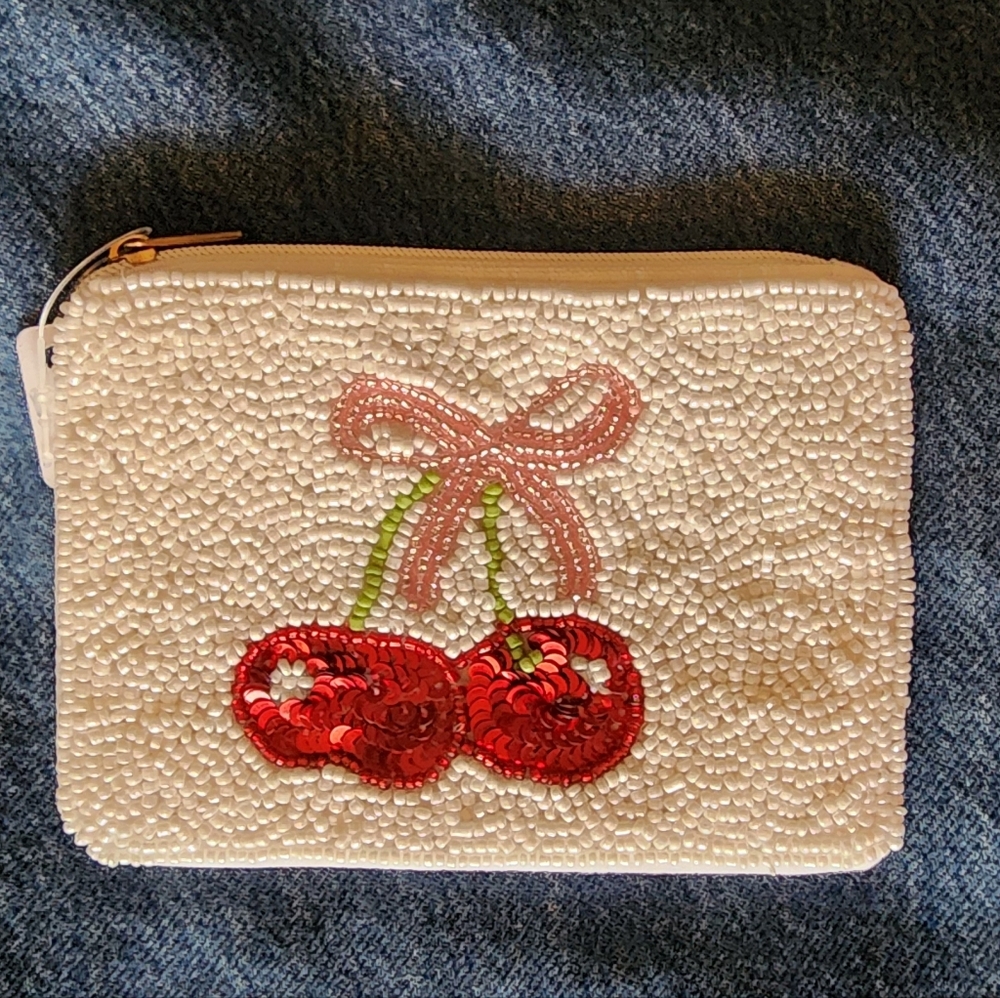 Cherry Bow Beaded Pouch